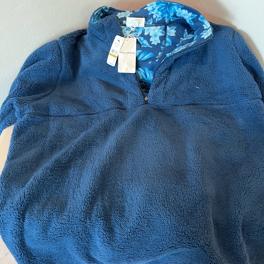 Tommy Bahama Blue Half-Zip Fleece with Floral Interior—-Reversible